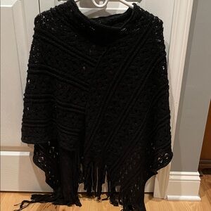 Black Crochet Poncho with Fringe